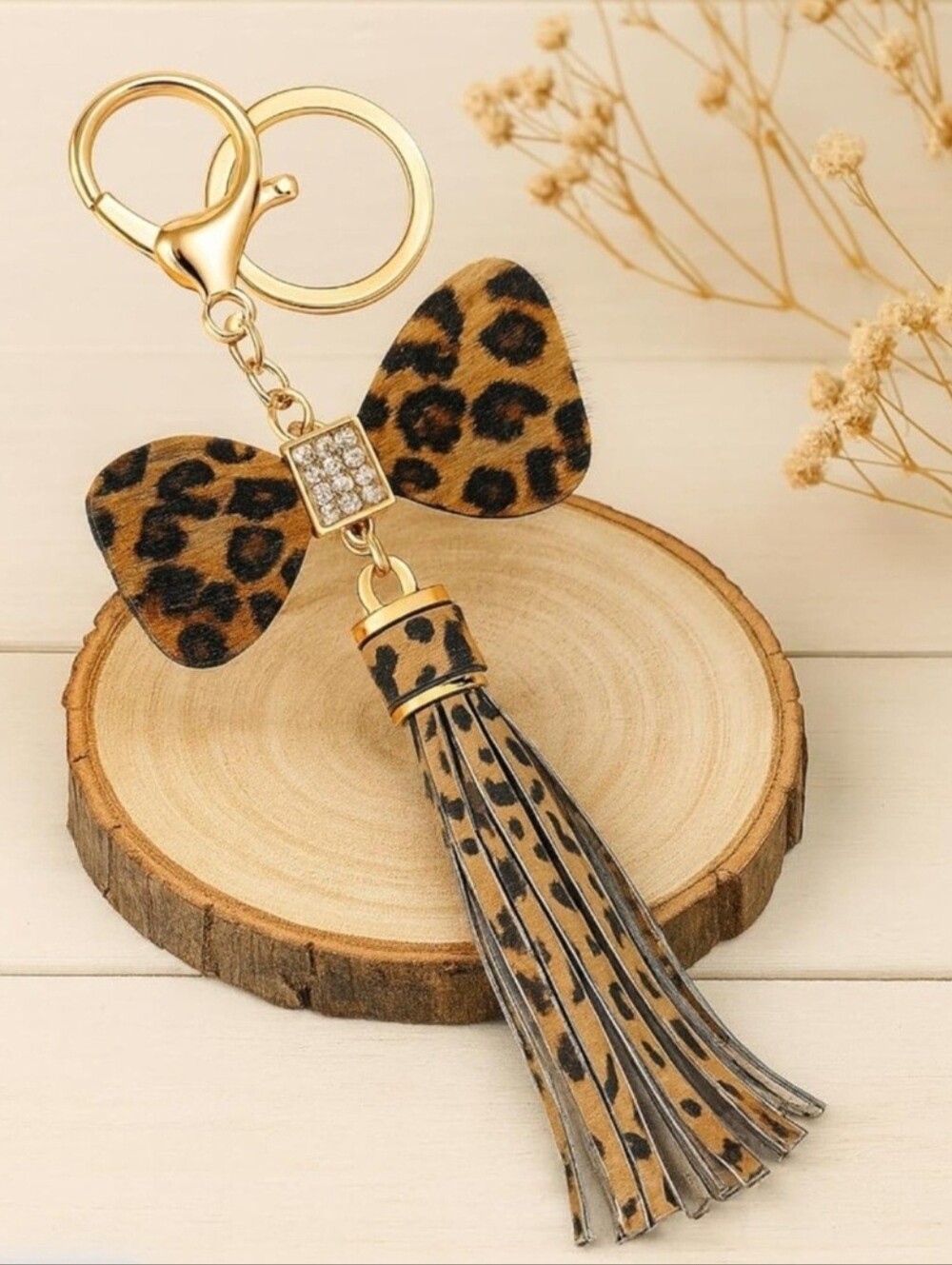 Leopard Print Bow Tassel Keychain - Gold Hardware - Picture 2 of 4